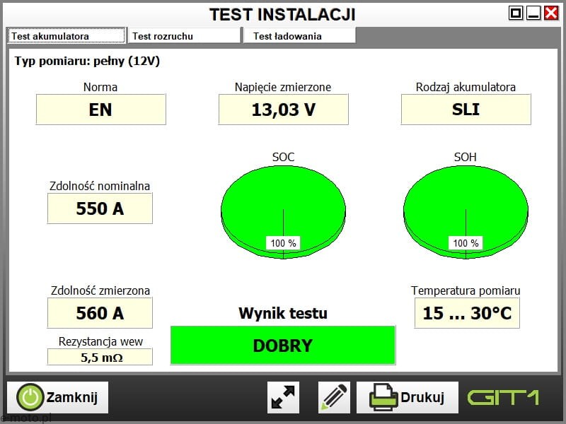 Raport A4 z testera GIT1 - pełny wynik pomiaru